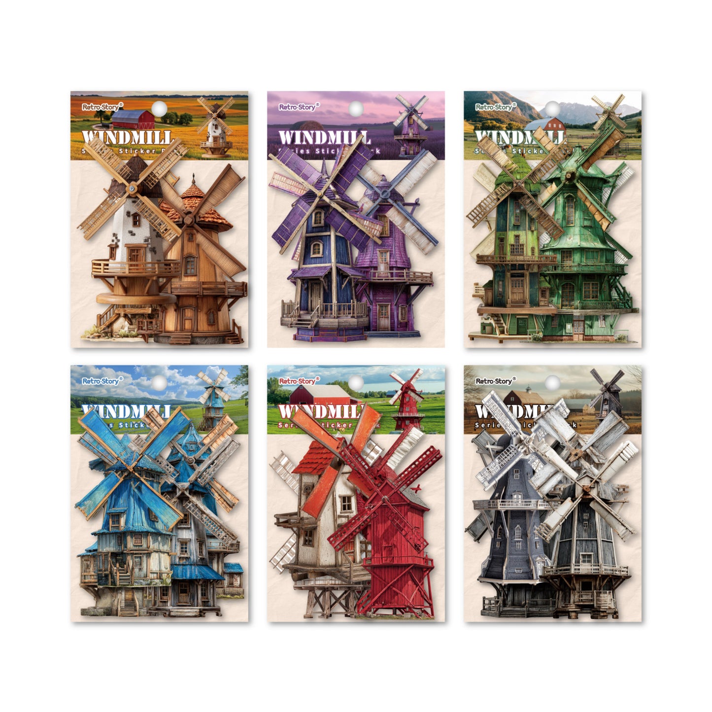 [2603-013] Vintage Countryside Windmill Stickers 6 Styles