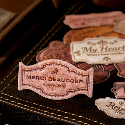 [2601-137] Velvet Leather Label Stickers – Vintage Faux Leather Journal Tags (6 Designs)