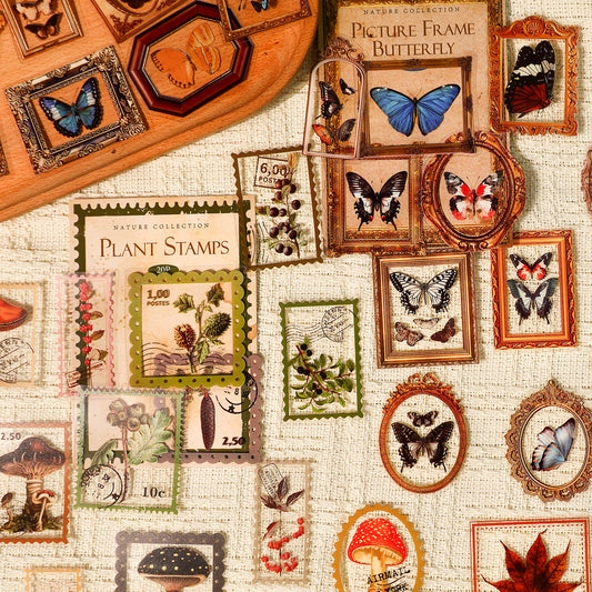 [2601-126] Vintage Nature PET Stickers – “Natural Collection” Botanical & Postage Set (4 Styles 20 Pieces)