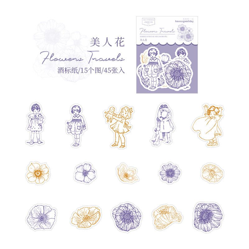 [2601-184] Flower Travel Vintage Floral Character Die Cut Stickers Pack