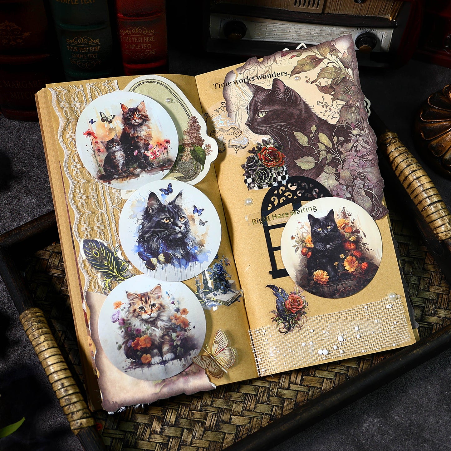 [2601-129] Mysterious Cat PET Stickers – Vintage Floral Animal Collage (4 Designs)