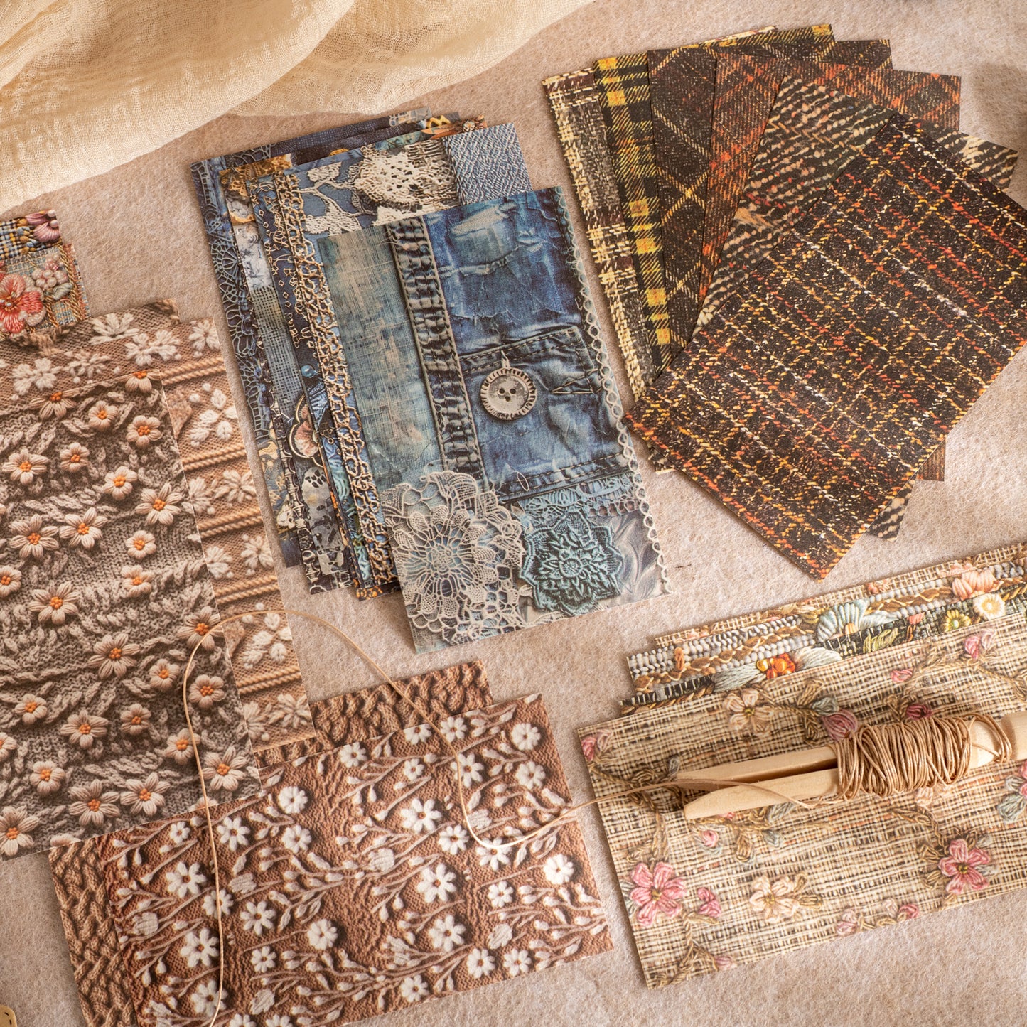 [2603-098] Fabric Texture Journal Collage Paper 6 Styles