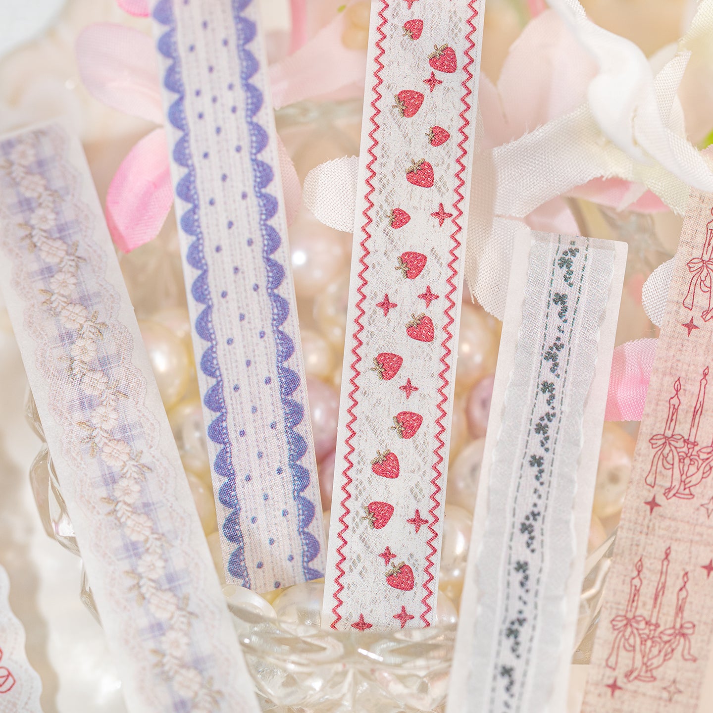 [2601-125] Lace Post Office Washi Trims – “Floral Lace Series” Long Strip Journal Set (4 Styles 40 Pieces)