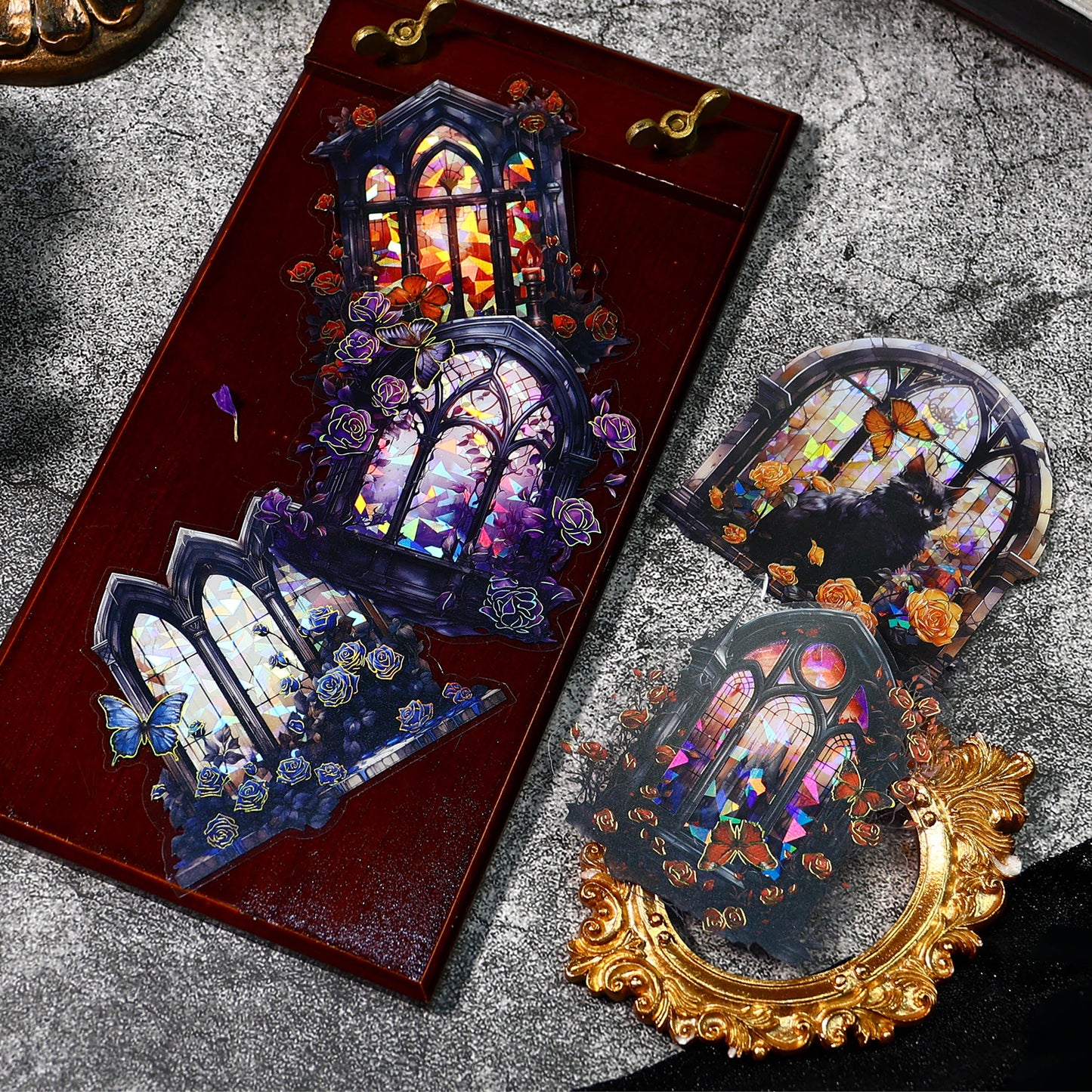 [2601-130] Rose Window Foil PET Stickers – Vintage Stained Glass Floral Series (4 Designs)