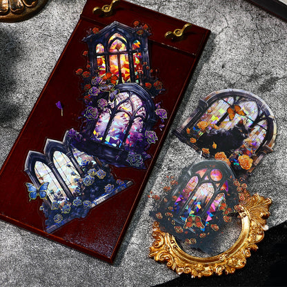 [2601-130] Rose Window Foil PET Stickers – Vintage Stained Glass Floral Series (4 Designs)