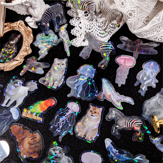 [2601-146] Iridescent Animal PET Stickers – Holographic Shell Light Collage Set (6 Designs)