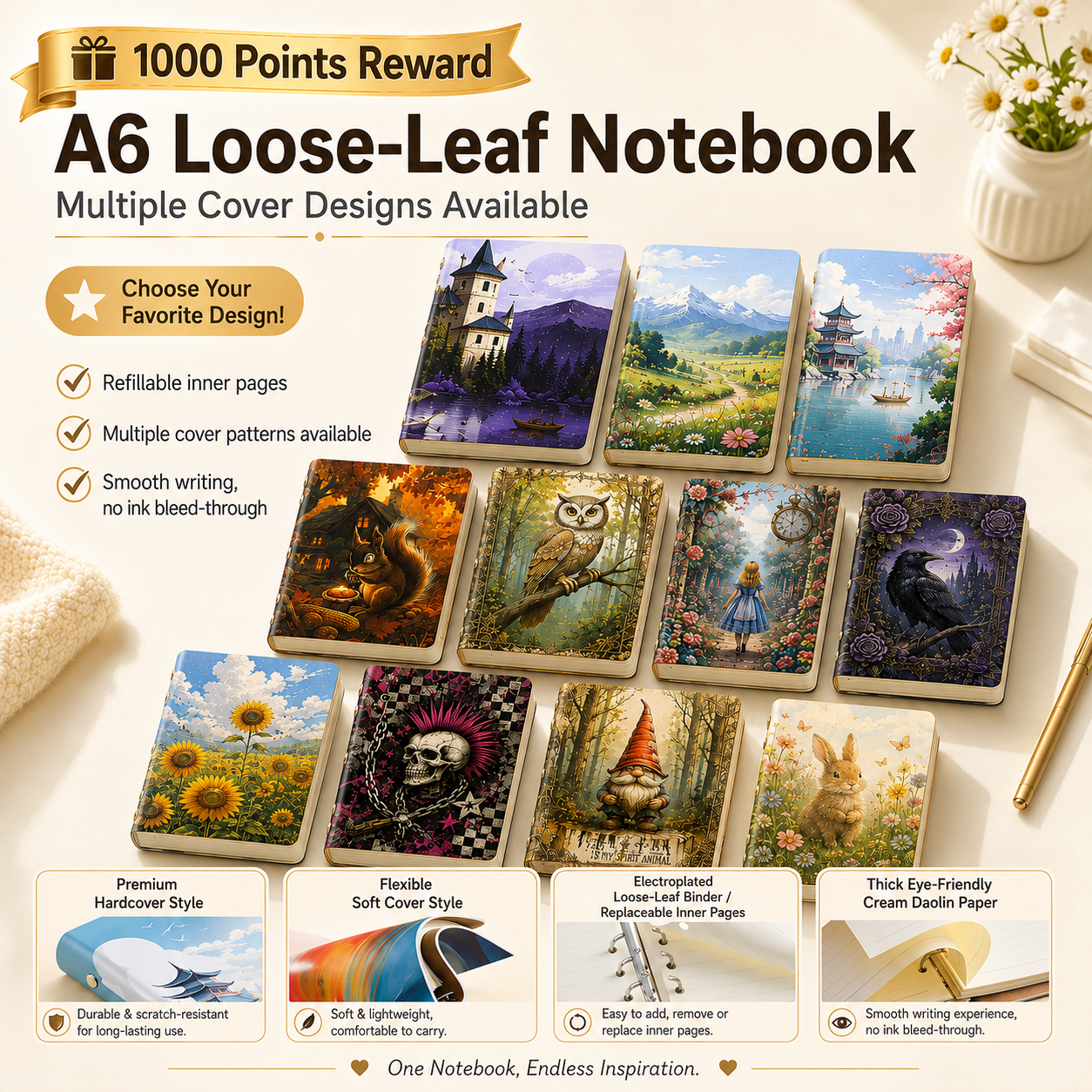 1000 Points Reward | A6 Refillable Loose-Leaf Journal Notebook with Multiple Cover Designs