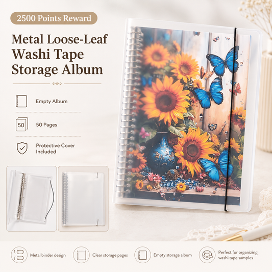 2500 Points Reward | Metal Loose-Leaf Washi Tape Storage Album, Empty 50-Page Album with Protective Cover