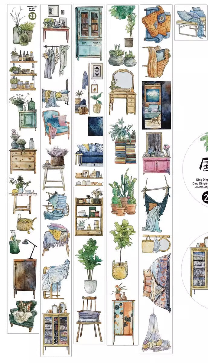 3078  29 Home | Hand-Drawn Furniture Washi Tape & Sticker for Journaling