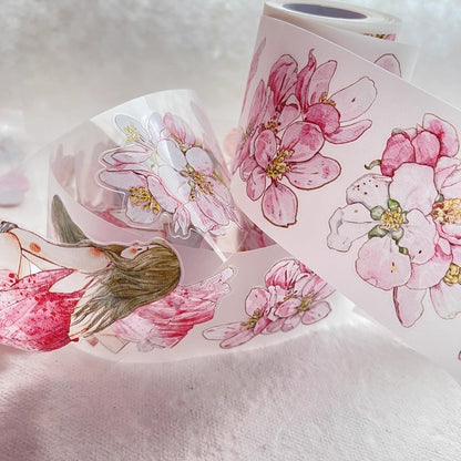 3073 A33 Begonia Slumber | Hand-Drawn PET & Washi Die-Cut Tape, Journal Decoration Supply