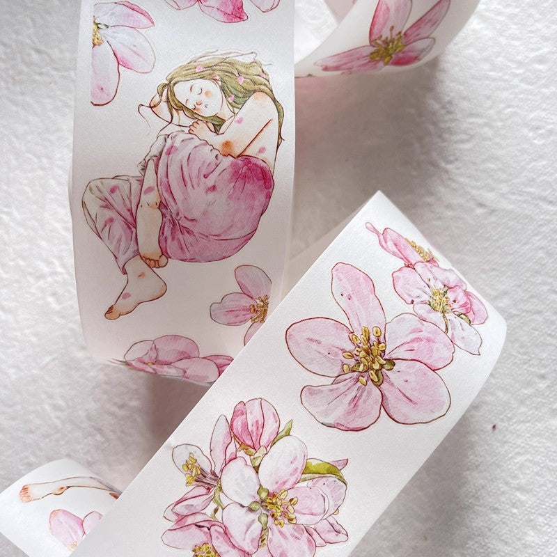 3073 A33 Begonia Slumber | Hand-Drawn PET & Washi Die-Cut Tape, Journal Decoration Supply