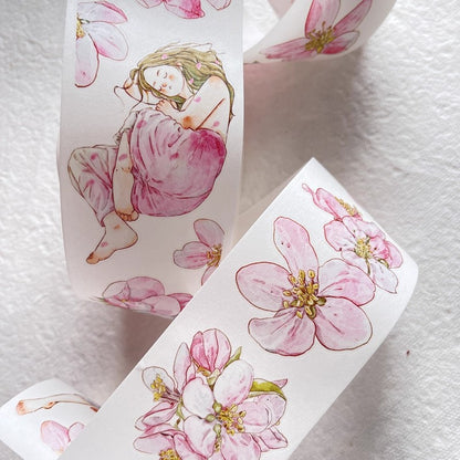 3073 A33 Begonia Slumber | Hand-Drawn PET & Washi Die-Cut Tape, Journal Decoration Supply