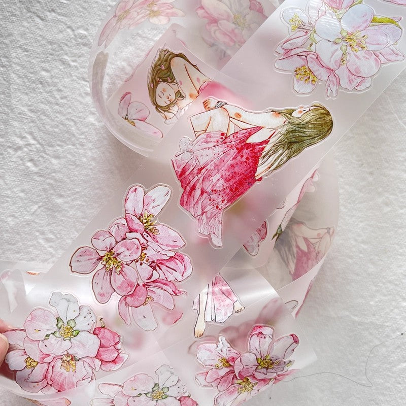 3073 A33 Begonia Slumber | Hand-Drawn PET & Washi Die-Cut Tape, Journal Decoration Supply