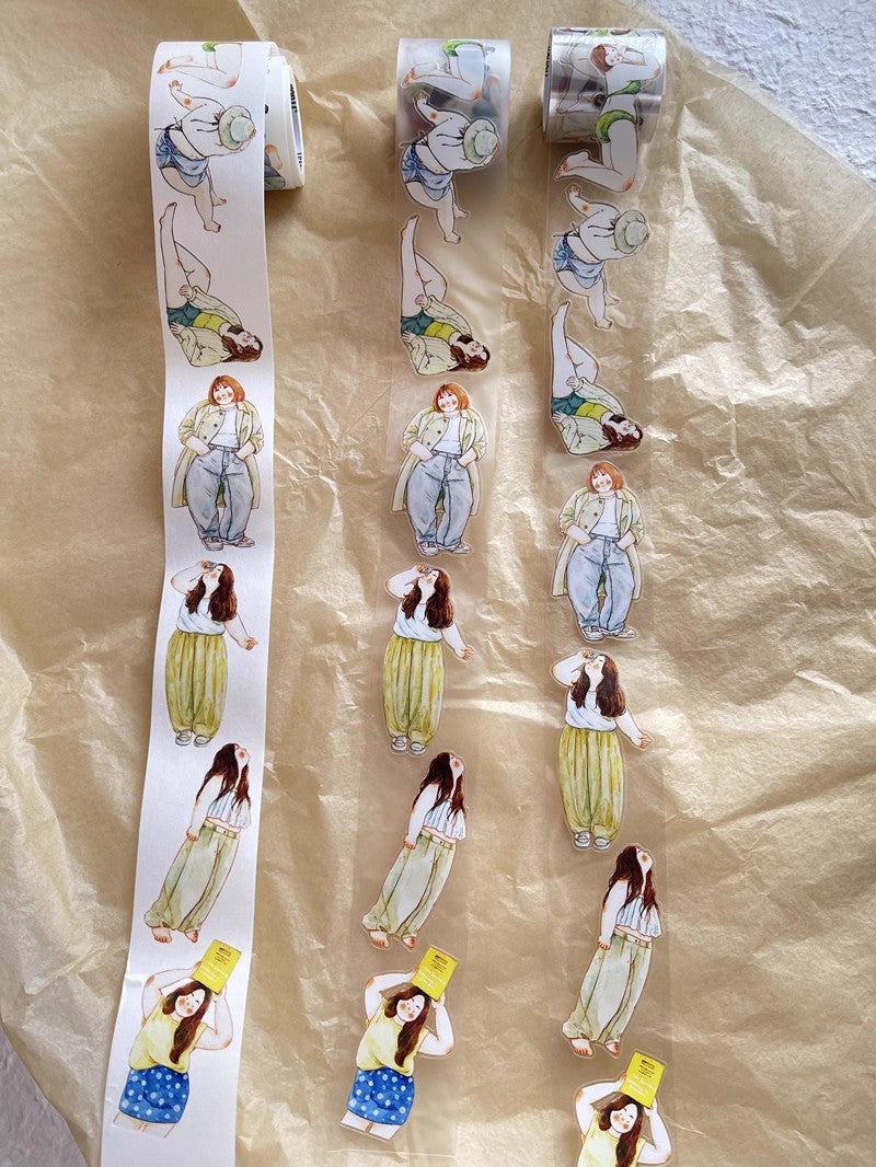 3070 A30 Leisure | Hand-Drawn Character PET & Washi Die-Cut Tape, Journal Decoration Supply