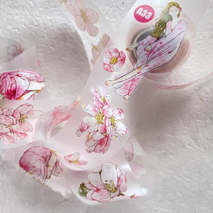 3073 A33 Begonia Slumber | Hand-Drawn PET & Washi Die-Cut Tape, Journal Decoration Supply