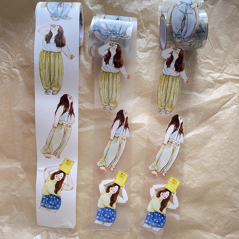 3070 A30 Leisure | Hand-Drawn Character PET & Washi Die-Cut Tape, Journal Decoration Supply