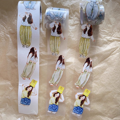 3070 A30 Leisure | Hand-Drawn Character PET & Washi Die-Cut Tape, Journal Decoration Supply