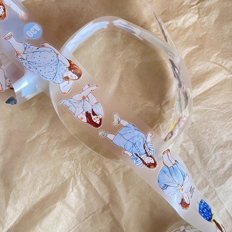 3070 A30 Leisure | Hand-Drawn Character PET & Washi Die-Cut Tape, Journal Decoration Supply