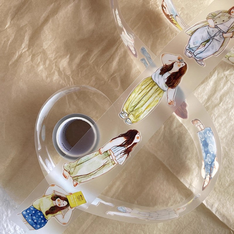 3070 A30 Leisure | Hand-Drawn Character PET & Washi Die-Cut Tape, Journal Decoration Supply