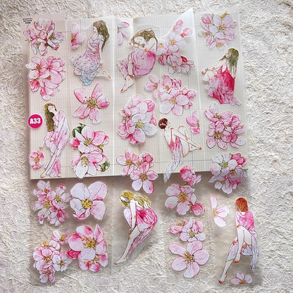 3073 A33 Begonia Slumber | Hand-Drawn PET & Washi Die-Cut Tape, Journal Decoration Supply