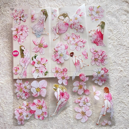 3073 A33 Begonia Slumber | Hand-Drawn PET & Washi Die-Cut Tape, Journal Decoration Supply