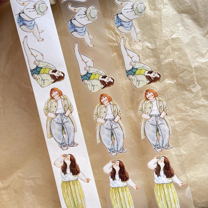 3070 A30 Leisure | Hand-Drawn Character PET & Washi Die-Cut Tape, Journal Decoration Supply