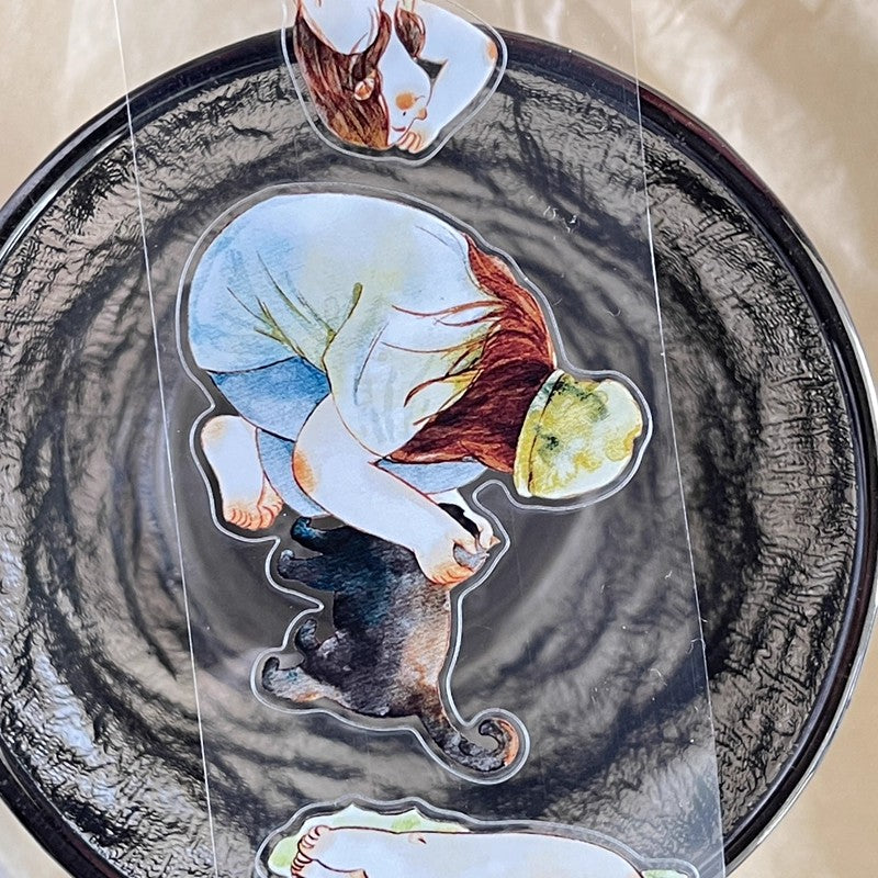 3070 A30 Leisure | Hand-Drawn Character PET & Washi Die-Cut Tape, Journal Decoration Supply