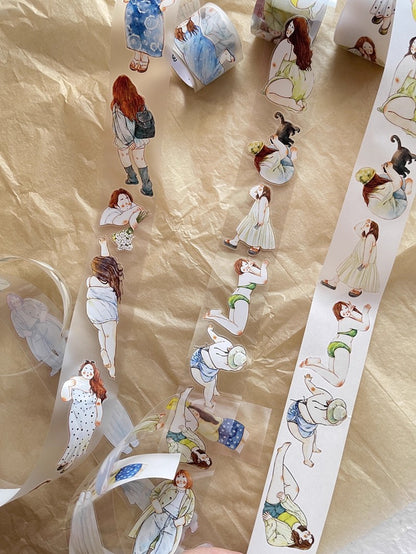 3070 A30 Leisure | Hand-Drawn Character PET & Washi Die-Cut Tape, Journal Decoration Supply