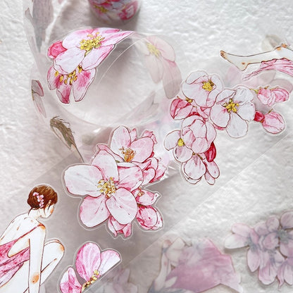 3073 A33 Begonia Slumber | Hand-Drawn PET & Washi Die-Cut Tape, Journal Decoration Supply