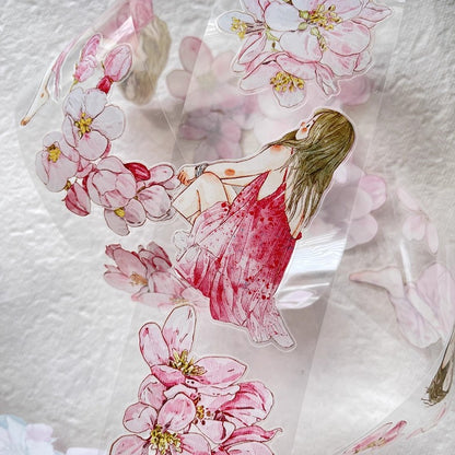 3073 A33 Begonia Slumber | Hand-Drawn PET & Washi Die-Cut Tape, Journal Decoration Supply