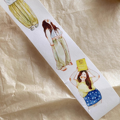 3070 A30 Leisure | Hand-Drawn Character PET & Washi Die-Cut Tape, Journal Decoration Supply