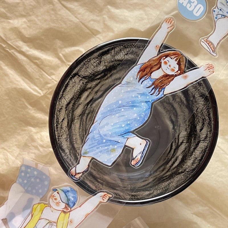 3070 A30 Leisure | Hand-Drawn Character PET & Washi Die-Cut Tape, Journal Decoration Supply