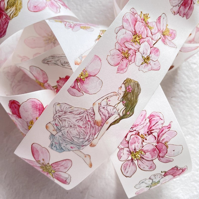 3073 A33 Begonia Slumber | Hand-Drawn PET & Washi Die-Cut Tape, Journal Decoration Supply