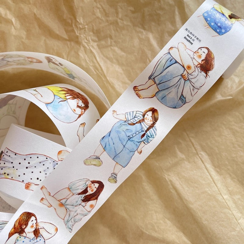 3070 A30 Leisure | Hand-Drawn Character PET & Washi Die-Cut Tape, Journal Decoration Supply