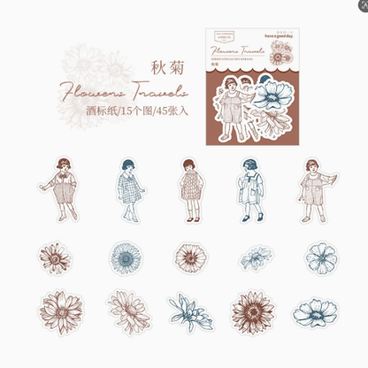 [2601-184] Flower Travel Vintage Floral Character Die Cut Stickers Pack