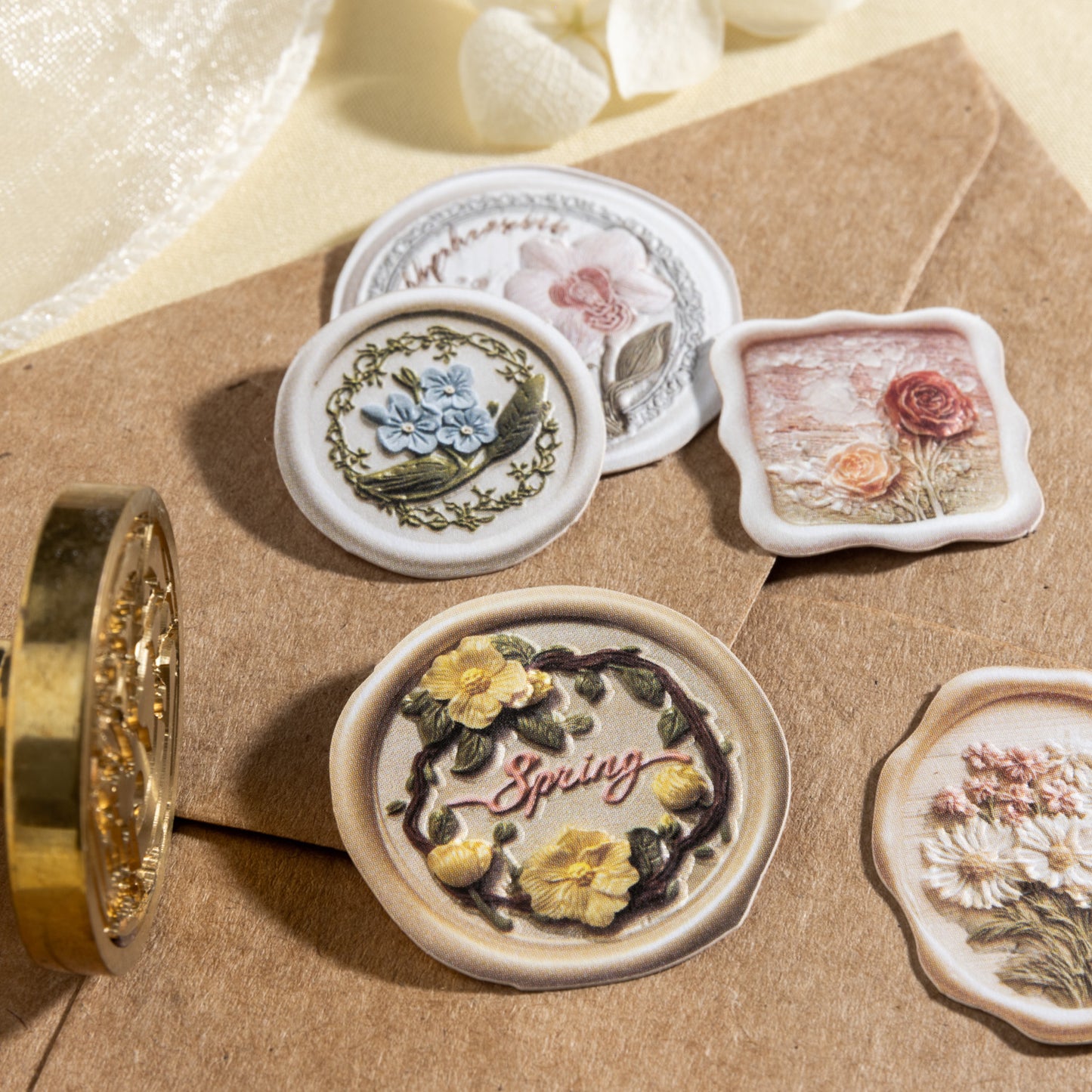 [2601-181] “When Spring Arrives” Letterpress Wax-Seal Embossed Sticker Set – 6 Designs