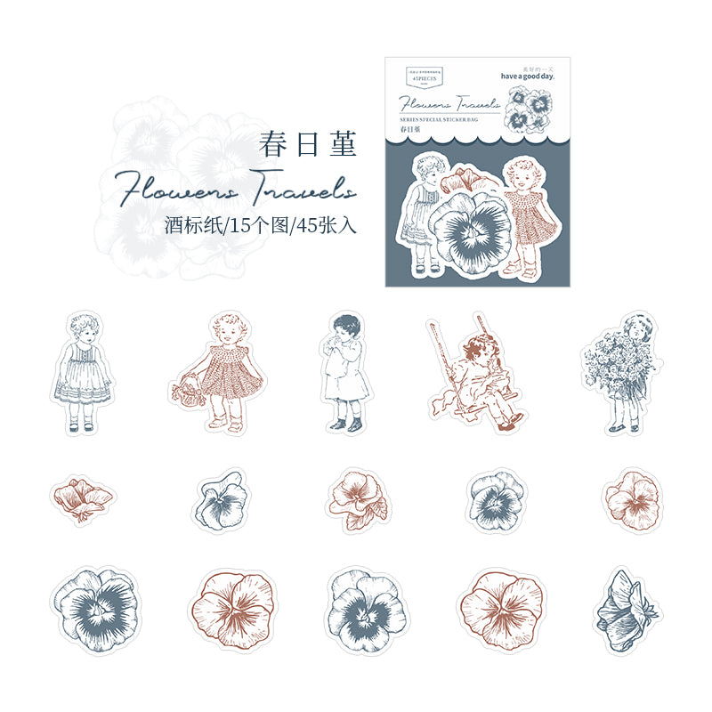 [2601-184] Flower Travel Vintage Floral Character Die Cut Stickers Pack