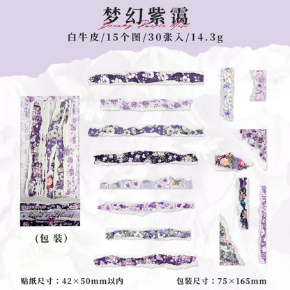 [2601-121] Vintage Floral Kraft Paper Stickers – Torn Edge Collage Strips (6 Designs)