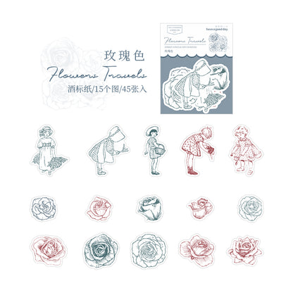 [2601-184] Flower Travel Vintage Floral Character Die Cut Stickers Pack
