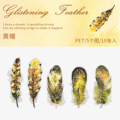 [2601-155] Golden Foil Feather PET Stickers – Shimmering Feather Series (10 Sheets