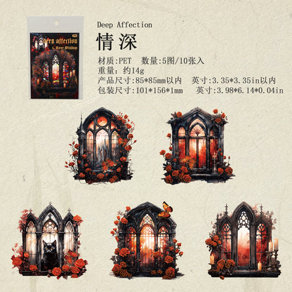 [2601-130] Rose Window Foil PET Stickers – Vintage Stained Glass Floral Series (4 Designs)