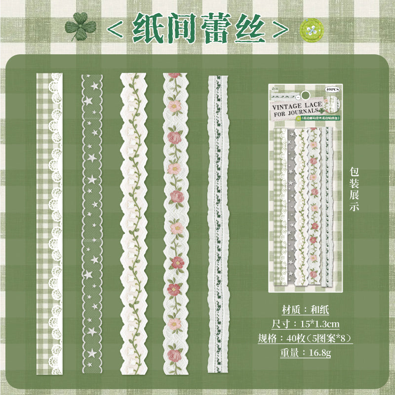 [2601-125] Lace Post Office Washi Trims – “Floral Lace Series” Long Strip Journal Set (4 Styles 40 Pieces)