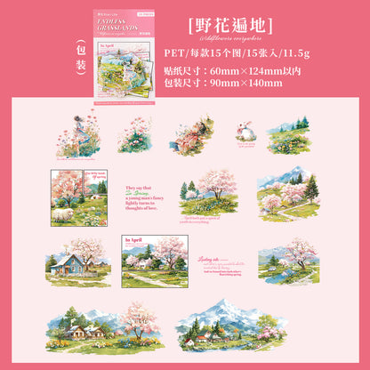 [2601-123] Endless Grasslands PET Scenic Stickers – Four Season Landscape Set (6 Designs 15 Pieces)