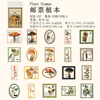 [2601-126] Vintage Nature PET Stickers – “Natural Collection” Botanical & Postage Set (4 Styles 20 Pieces)