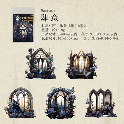 [2601-130] Rose Window Foil PET Stickers – Vintage Stained Glass Floral Series (4 Designs)