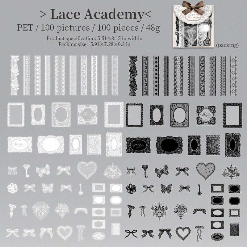 [2601-233] Lace Academy Series Black White Lace PET Journal Collage Stickers 100 Sheets