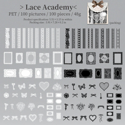 [2601-233] Lace Academy Series Black White Lace PET Journal Collage Stickers 100 Sheets