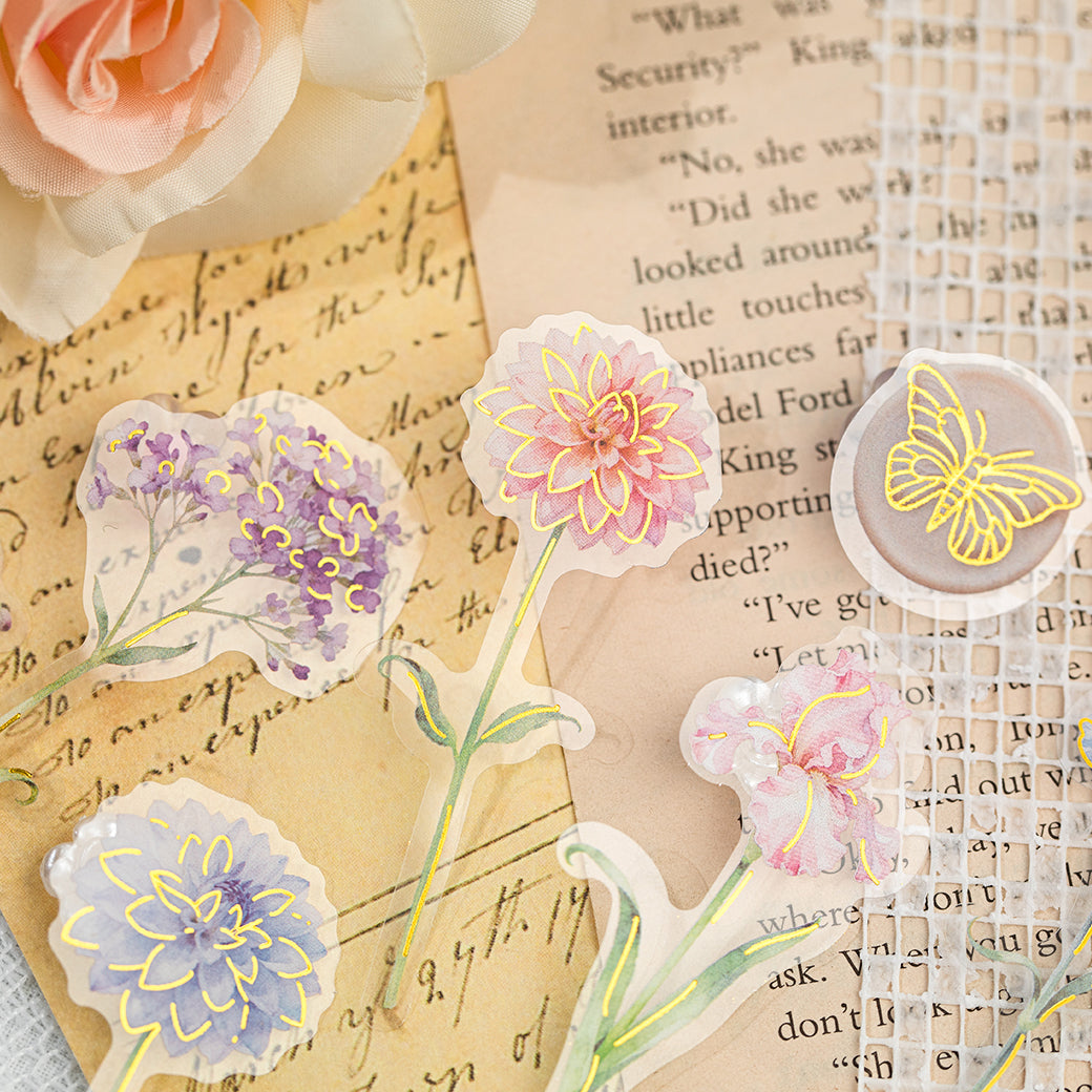 [2601-165] Floral Overture – Gilded PET Flower Stickers (4 Designs)