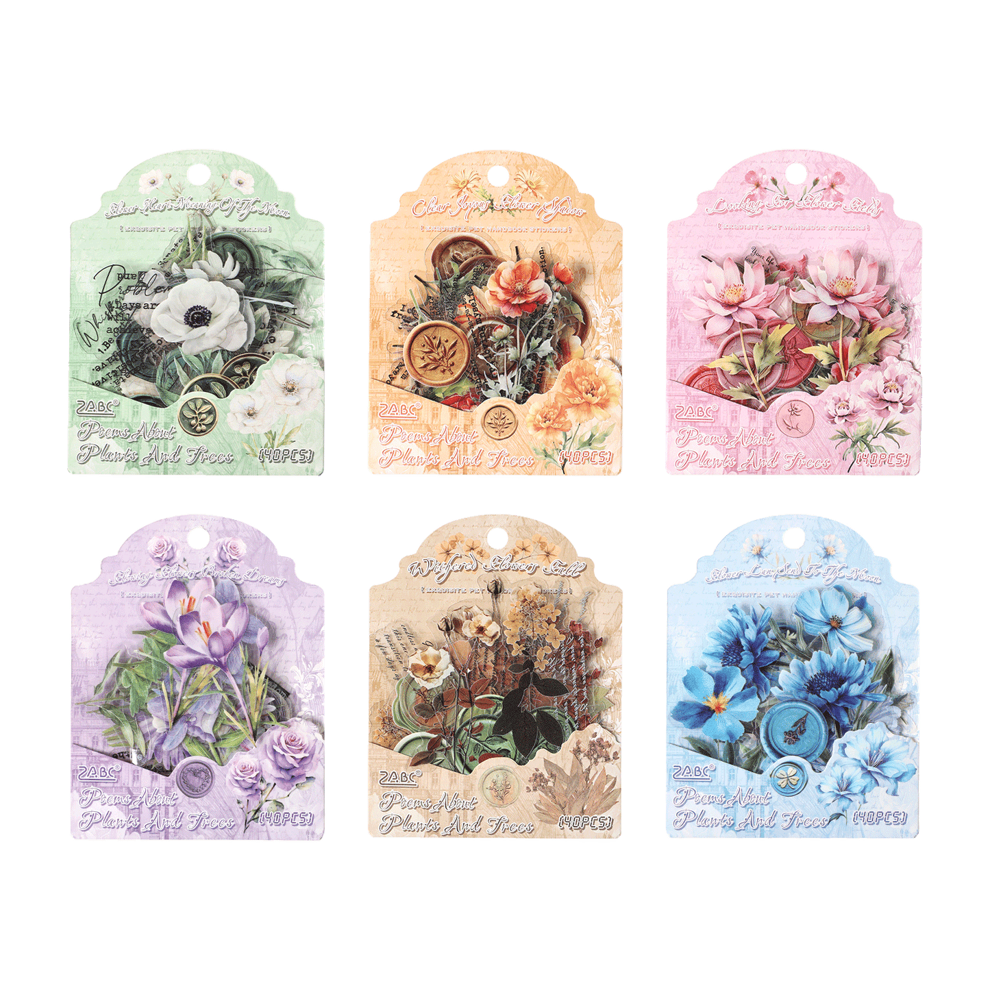 [2603-056] Floral PET Background Stickers 40 Pieces 6 Styles